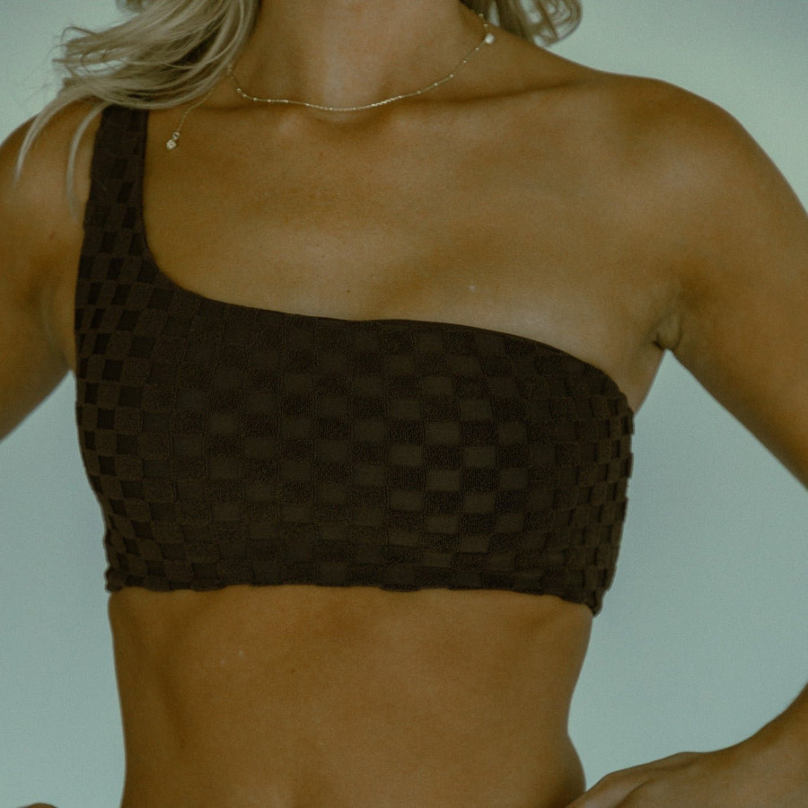 Seamless brown checkered bikini top with a flattering one shoulder design